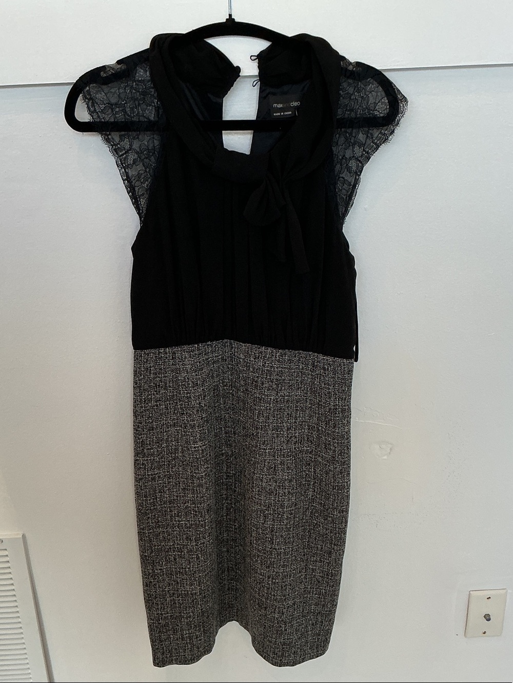Max & Cleo Black Bodice Gray Tweed Midi Dress with Lace Cap Sleeves